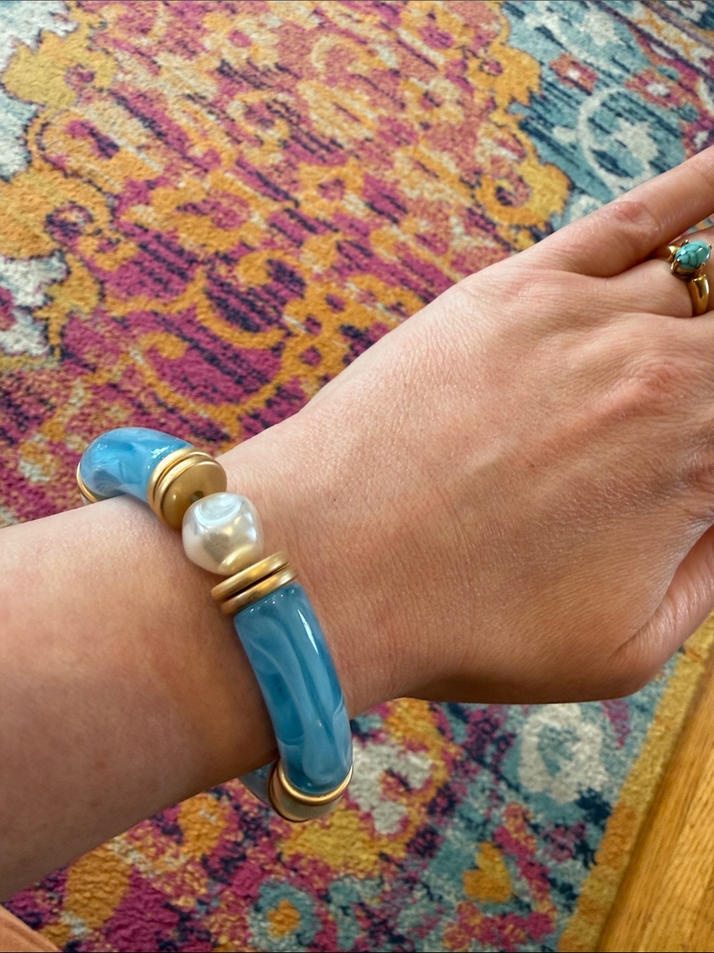 Plunder Blue Marble Tube & Pearl Stretch Bracelet - Picture 2 of 4